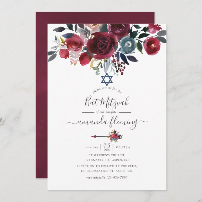 Boho Chic Burgundy and Navy Floral Bat Mitzvah Invitation (Front/Back)
