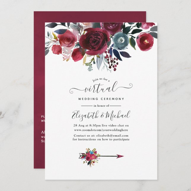Boho Chic Burgundy and Navy floral Virtual Wedding Invitation (Front/Back)