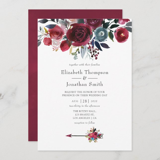 Boho Chic Burgundy and Navy floral Wedding Invitation (Front/Back)