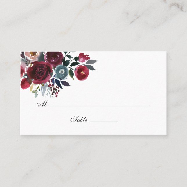 Boho Chic Burgundy and Navy floral Wedding Place Card (Front)
