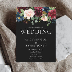 Boho Chic Burgundy Blue Flowers Wedding  Invitation