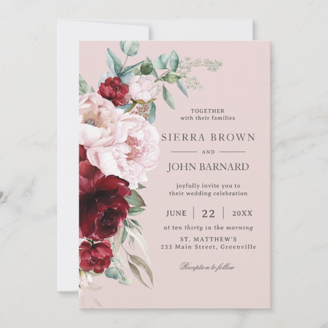 Boho Chic Burgundy Blush Peonies Floral Wedding Invitation (Front)