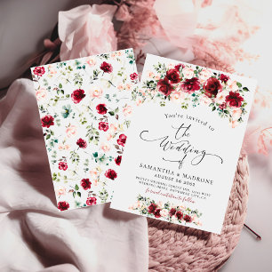 Boho Chic Burgundy Blush Roses Greenery Wedding Invitation