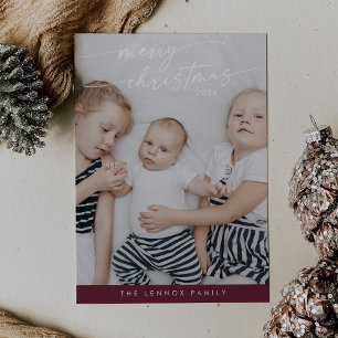 Boho Chic Burgundy Cute Unique Photo Christmas Holiday Card