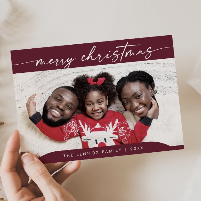 Boho Chic Burgundy Easy Modern Photo Christmas Holiday Card (Creator Uploaded)