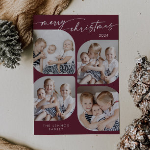 Boho Chic Burgundy Family Multi Photo Christmas Holiday Card