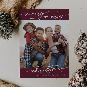 Boho Chic Burgundy Family Photo Cute Christmas Holiday Card