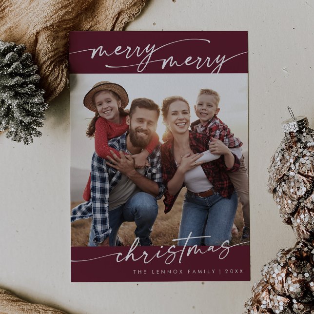 Boho Chic Burgundy Family Photo Cute Christmas Holiday Card (Creator Uploaded)