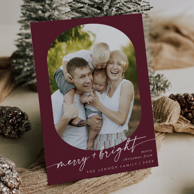 Boho Chic Burgundy Merry Bright Photo Christmas Holiday Card (Creator Uploaded)