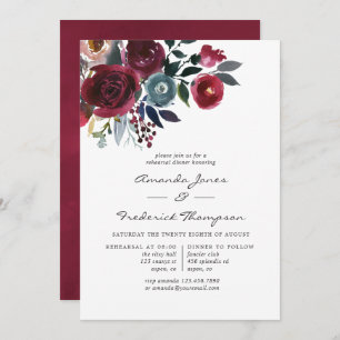 Boho Chic Burgundy & Navy floral Rehearsal Dinner Invitation