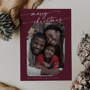 Boho Chic Burgundy Photo Cute Merry Christmas Holiday Card