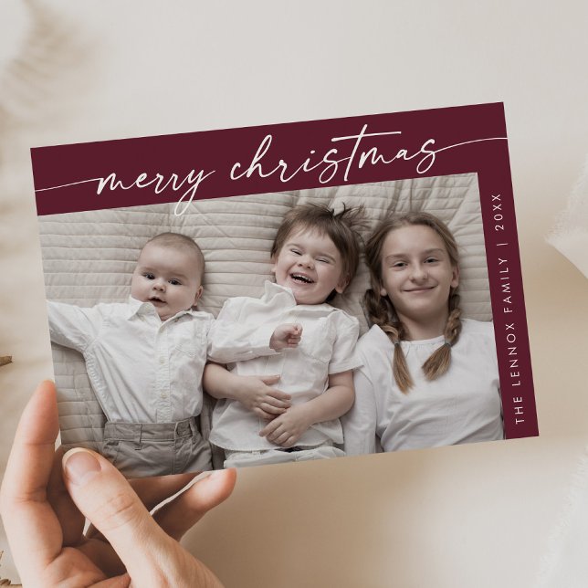 Boho Chic Burgundy Photo Fun Family Christmas Holiday Card (Creator Uploaded)