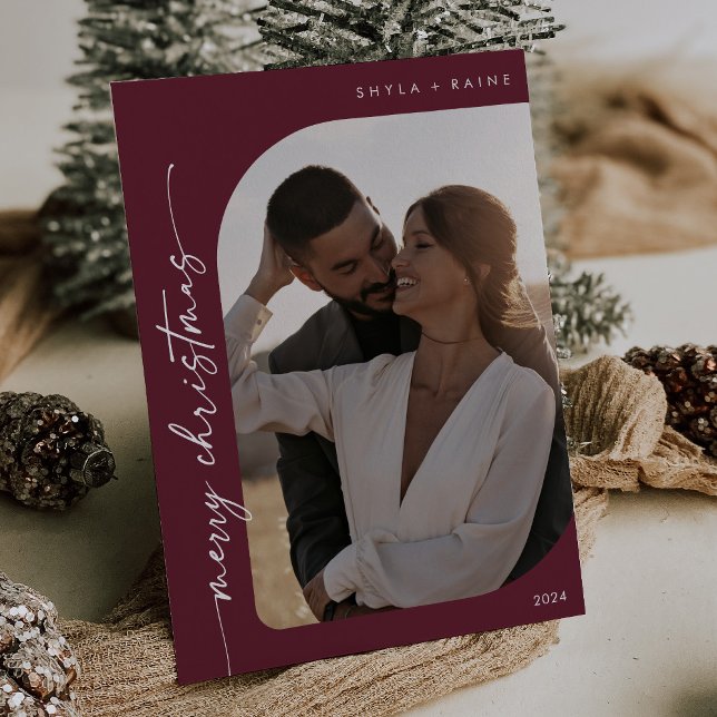 Boho Chic Burgundy Photo Simple Merry Christmas Holiday Card (Creator Uploaded)