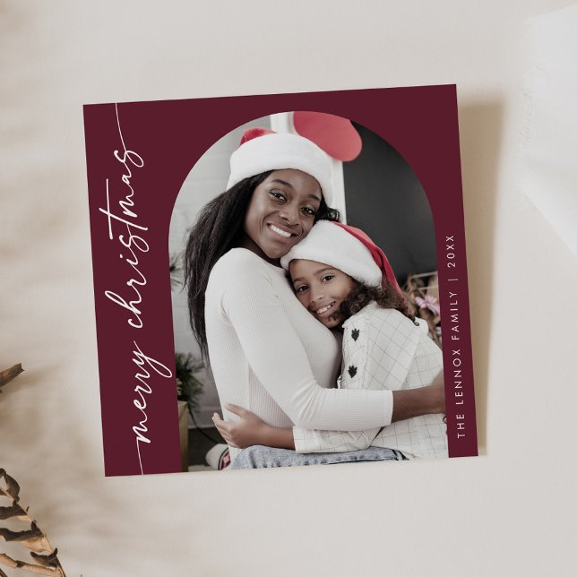 Boho Chic Burgundy Photo Unique Merry Christmas Holiday Card (Creator Uploaded)