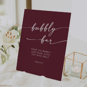 Boho Chic Burgundy Red Bubbly Bar Wedding Pedestal Sign