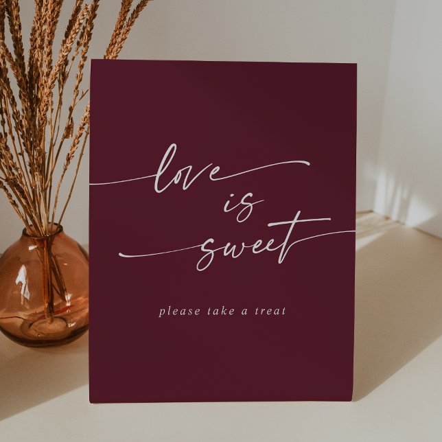 Boho Chic Burgundy Red Love Is Sweet Wedding Pedestal Sign (Boho Chic Burgundy Red Love Is Sweet Wedding Pedestal Sign)