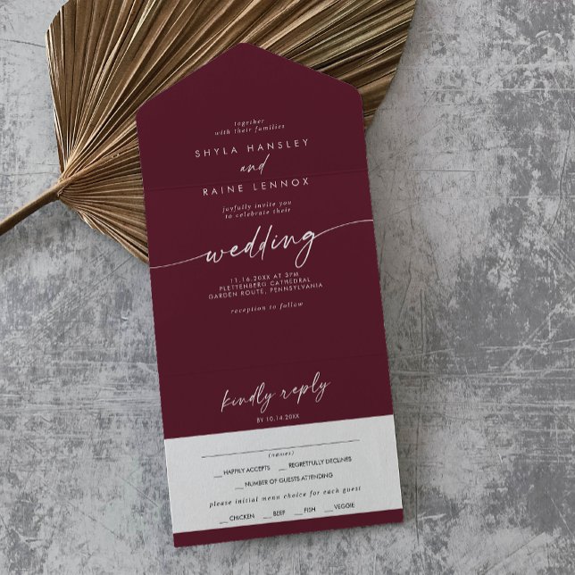 Boho Chic Burgundy Red Meal Choice RSVP Wedding All In One Invitation (Creator Uploaded)