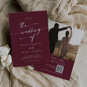 Boho Chic Burgundy Red Photo QR Code Wedding Invitation