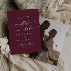 Boho Chic Burgundy Red Photo Spanish Wedding Invitation
