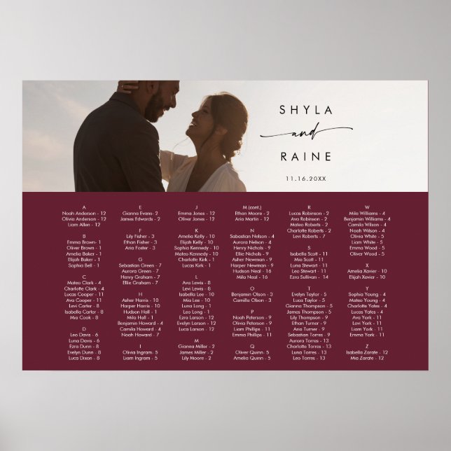 Boho Chic Burgundy Red Picture Seating Chart (Front)