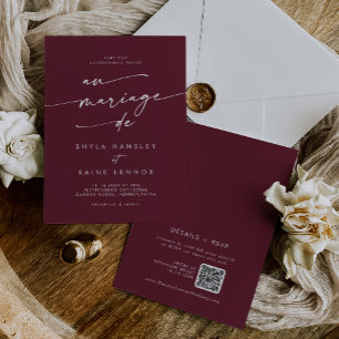 Boho Chic Burgundy Red QR Code French Wedding Invitation