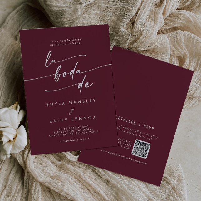 Boho Chic Burgundy Red QR Code Spanish Wedding Invitation (Creator Uploaded)