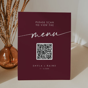 Boho Chic Burgundy Red QR Code Wedding Menu Pedestal Sign