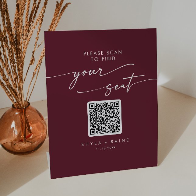 Boho Chic Burgundy Red Seating Chart QR Code Pedestal Sign (Creator Uploaded)