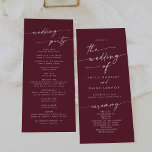 Boho Chic Burgundy Red Tea Length Wedding Programme<br><div class="desc">This boho chic burgundy red tea length wedding program is perfect for a minimalist wedding ceremony. The dark maroon wine red modern bohemian design features simple rustic calligraphy with a unique yet classic style. Personalise your wedding program with you names, wedding date, location, order of service, wedding party and optional...</div>