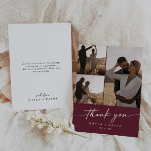 Boho Chic Burgundy Red Wedding Photo Collage Thank You Card