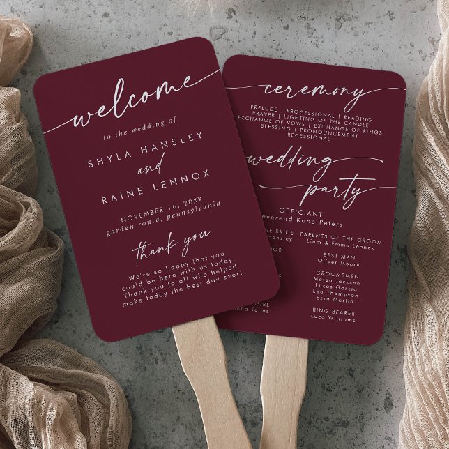 Boho Chic Burgundy Red Wedding Program Hand Fan (Creator Uploaded)
