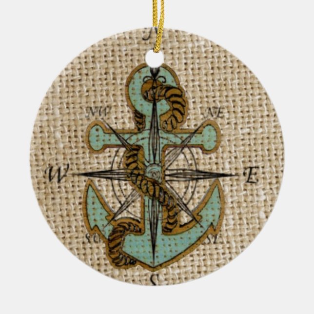 boho chic burlap nautical compass Blue anchor Ceramic Tree Decoration (Front)