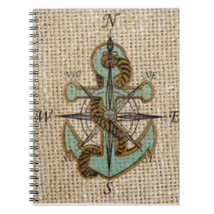 boho chic burlap nautical compass Blue anchor Notebook