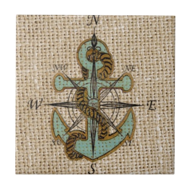 boho chic burlap nautical compass Blue anchor Tile (Front)