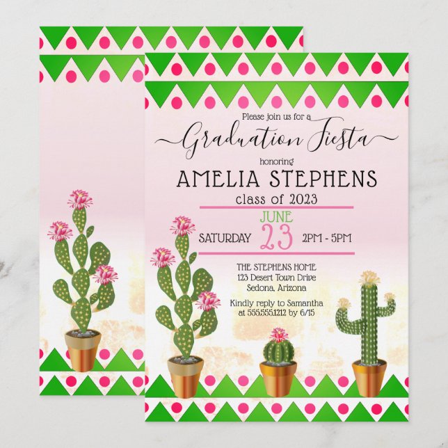 Boho Chic Cactus Fiesta Graduation Party Invitation (Front/Back)