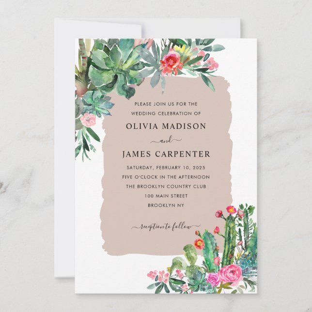 Boho Chic Cactus Succulent Greenery Floral Wedding Invitation (Front)