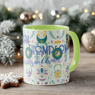 Boho chic celestial symbols in teal and gold mug