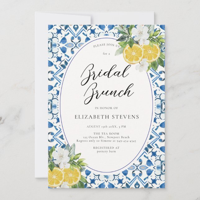Boho Chic Citrus Italian Blue Tile Bridal Shower Invitation (Front)