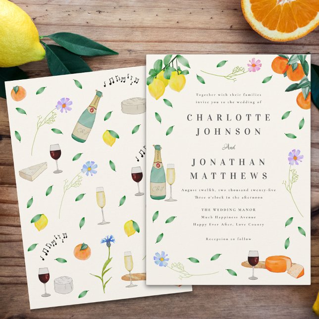 Boho Chic Citrus Rustic Summer Wedding Invitation (Boho citrus rustic summer wedding invitation hand painted watercolor wildflowers lemons oranges wine)