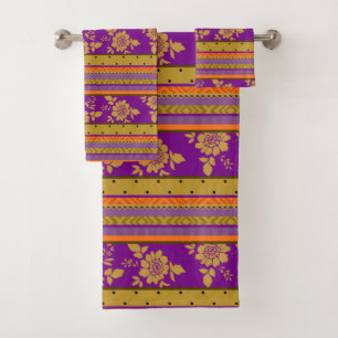 Boho Chic Colourful Purple Orange Floral Pattern Bath Towel Set