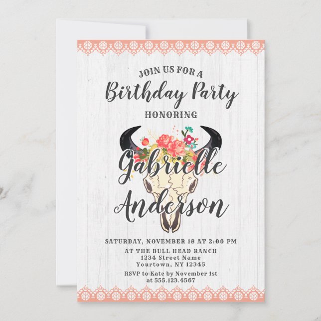 Boho Chic Cow Skull Birthday Party Invitation (Front)