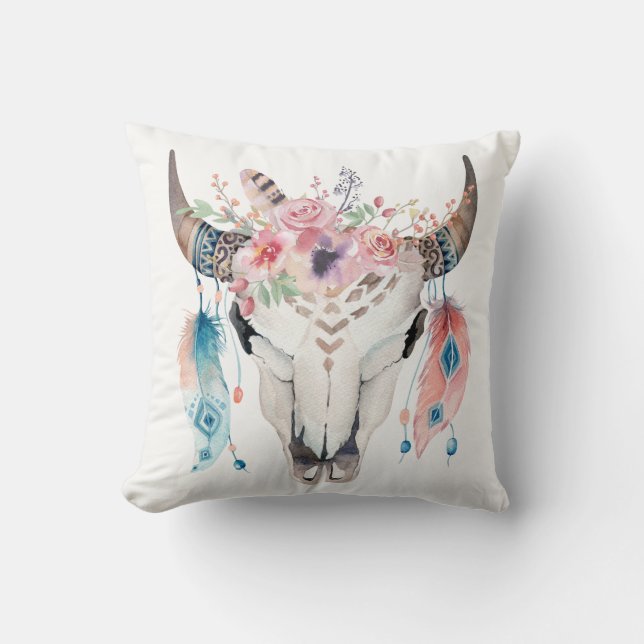 Boho Chic Cow Skull Feathers & Flowers Glam Cushion (Front)