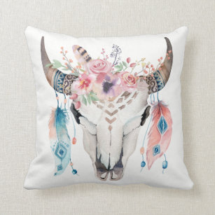Boho Chic Cow Skull Feathers & Flowers Glam Cushion