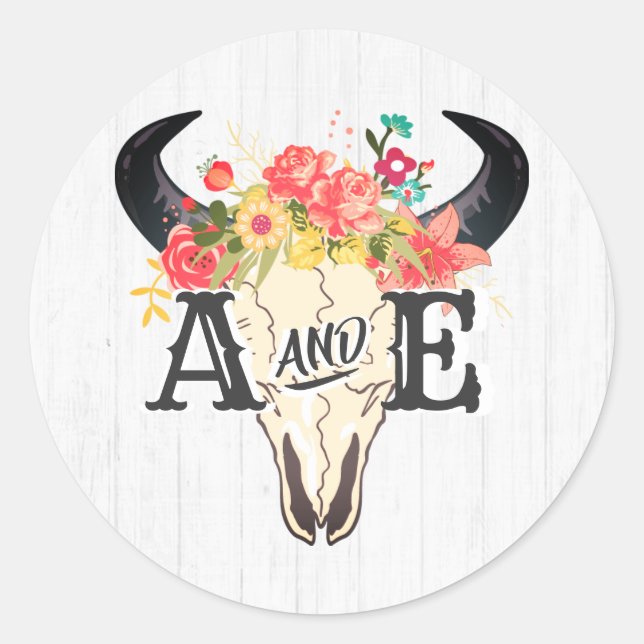 Boho Chic Cow Skull Floral Rustic Monogram Wedding Classic Round Sticker (Front)