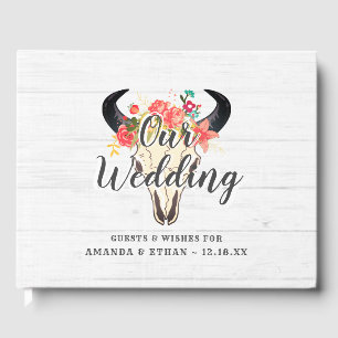 Boho Chic Cow Skull Floral Rustic Wedding Monogram Guest Book