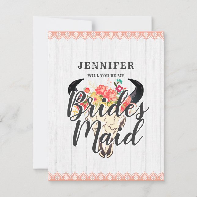Boho Chic Cow Skull Will You Be My Bridesmaid Invitation (Front)