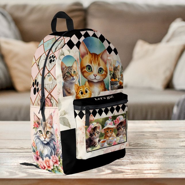 Boho Chic Crazy Cat Lady Printed Backpack (Whimsical bohemian scrapbook style backpack for a crazy cat lady - with optional custom photos)