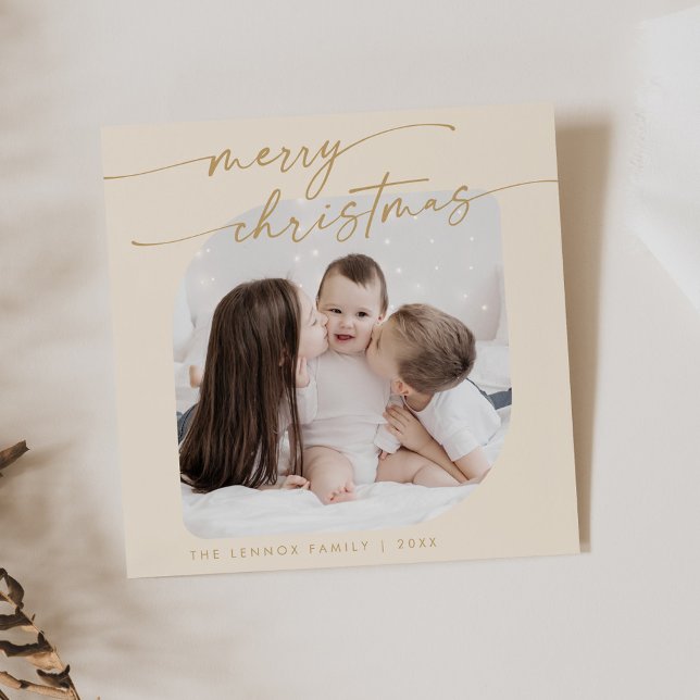 Boho Chic Cream Gold Photo Cute Family Christmas Holiday Card (Creator Uploaded)