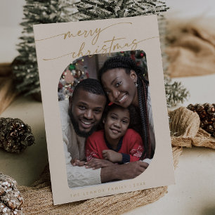 Boho Chic Cream Gold Photo Cute Merry Christmas Holiday Card