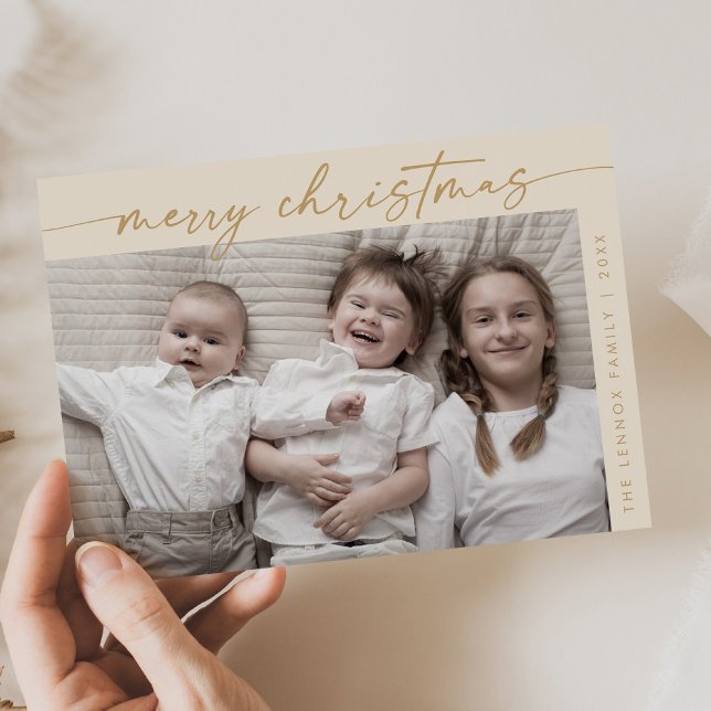Boho Chic Cream Gold Photo Fun Family Christmas Holiday Card (Creator Uploaded)